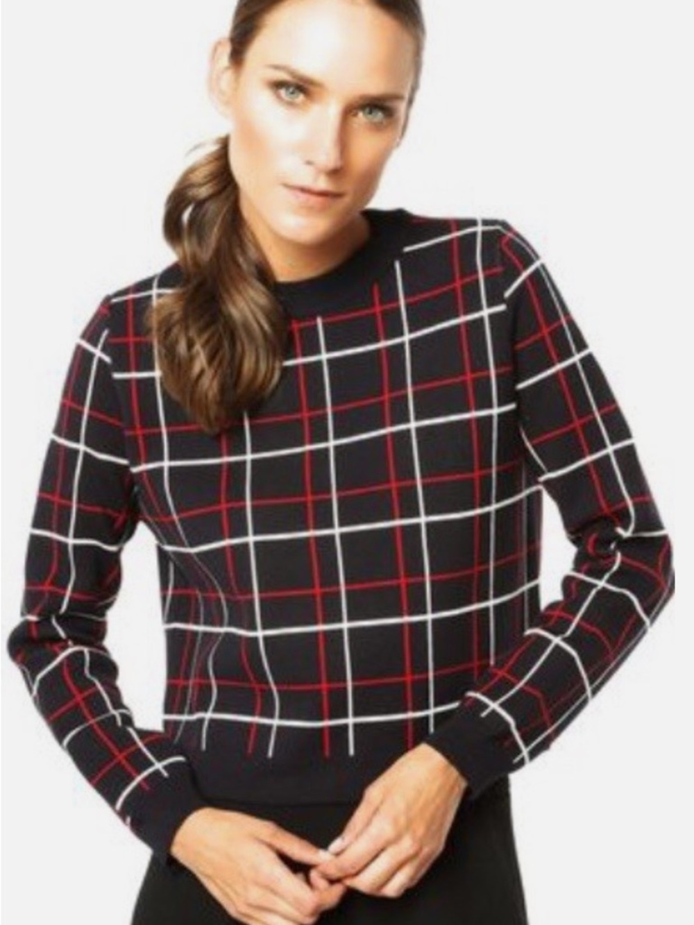 MNG Barcelona Sweater Sz M Blue, Red, White Patterned Stripes Windowpane Plaid